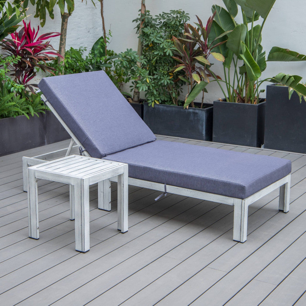 LeisureMod Chelsea Weathered Gray Chaise Lounge and Side Table, Blue