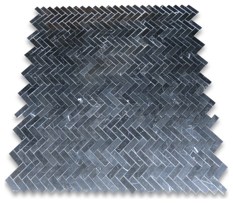 Nero Marquina Black Marble 1x3 Herringbone Mosaic Tile Polished, 1 sheet