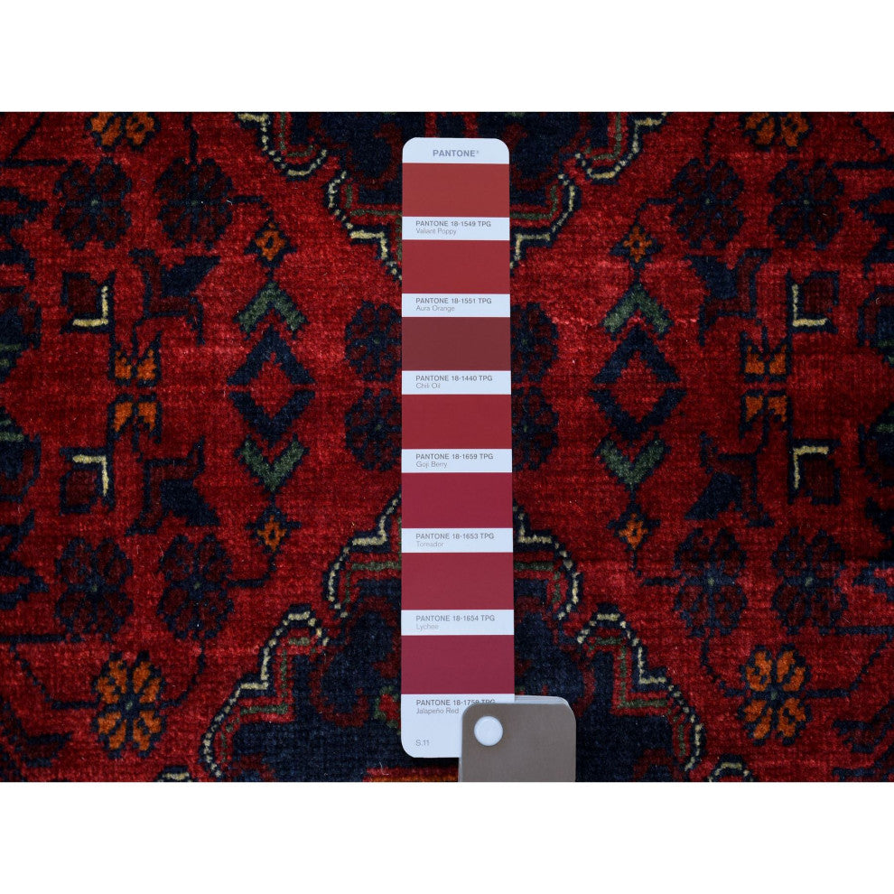 Deep and Saturated Red, Hand Knotted Afghan Khamyab Pure Wool Rug, 2'8"x12'6"