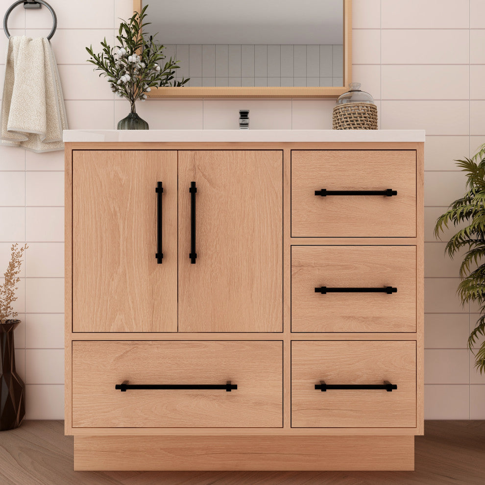 Victoria 36" Solid Wood Bath Vanity Right Side Drawers, Red Oak