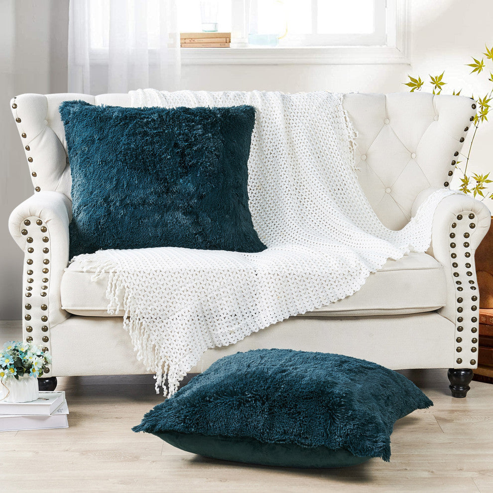 Shaggy Faux Fur Pillow Cover, Teal, Set of 2, 26"x26"