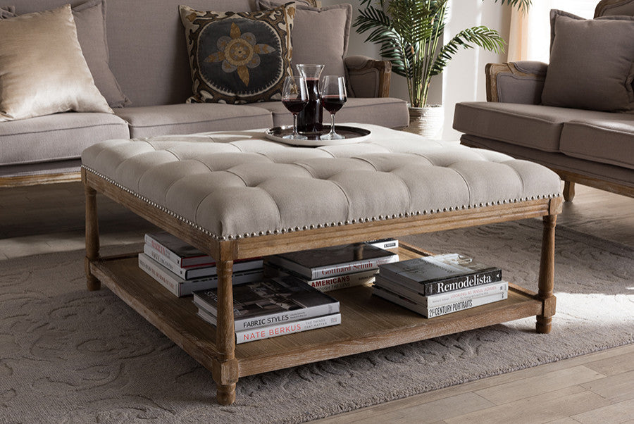 Carlotta French Country Weathered Oak Beige Linen Square Coffee Table Ottoman