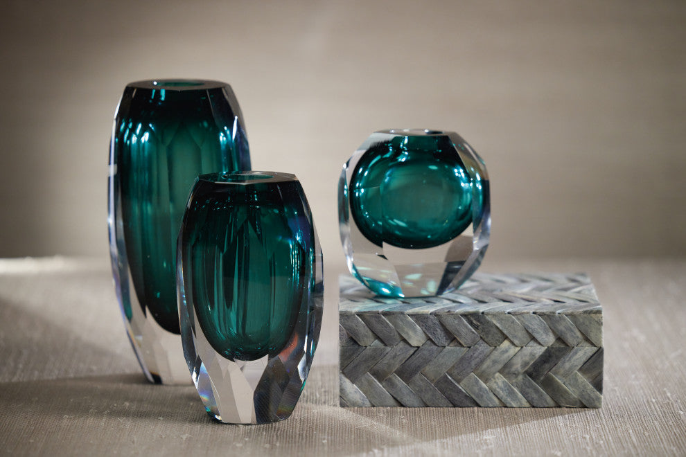 Albi Emerald Cut Glass Vase, 6.5"