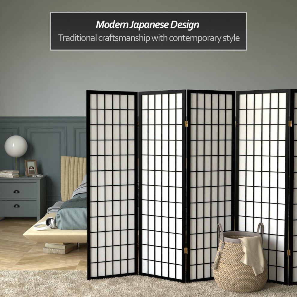 5' Tall Window Pane Shoji Screen, Black, 6 Panels