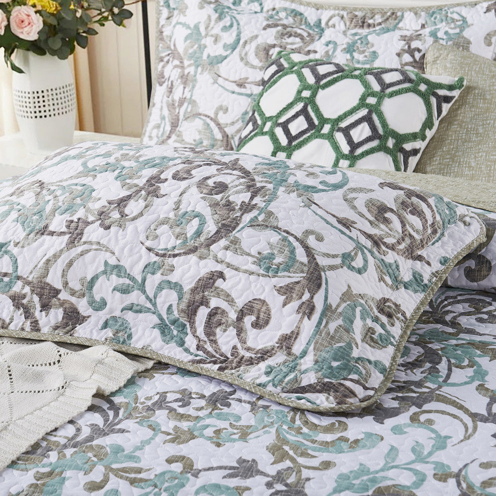 Serenta Ravello Scroll Printed Quilted 6 Piece Bed Spread Set, Teal / Turquoise, Queen