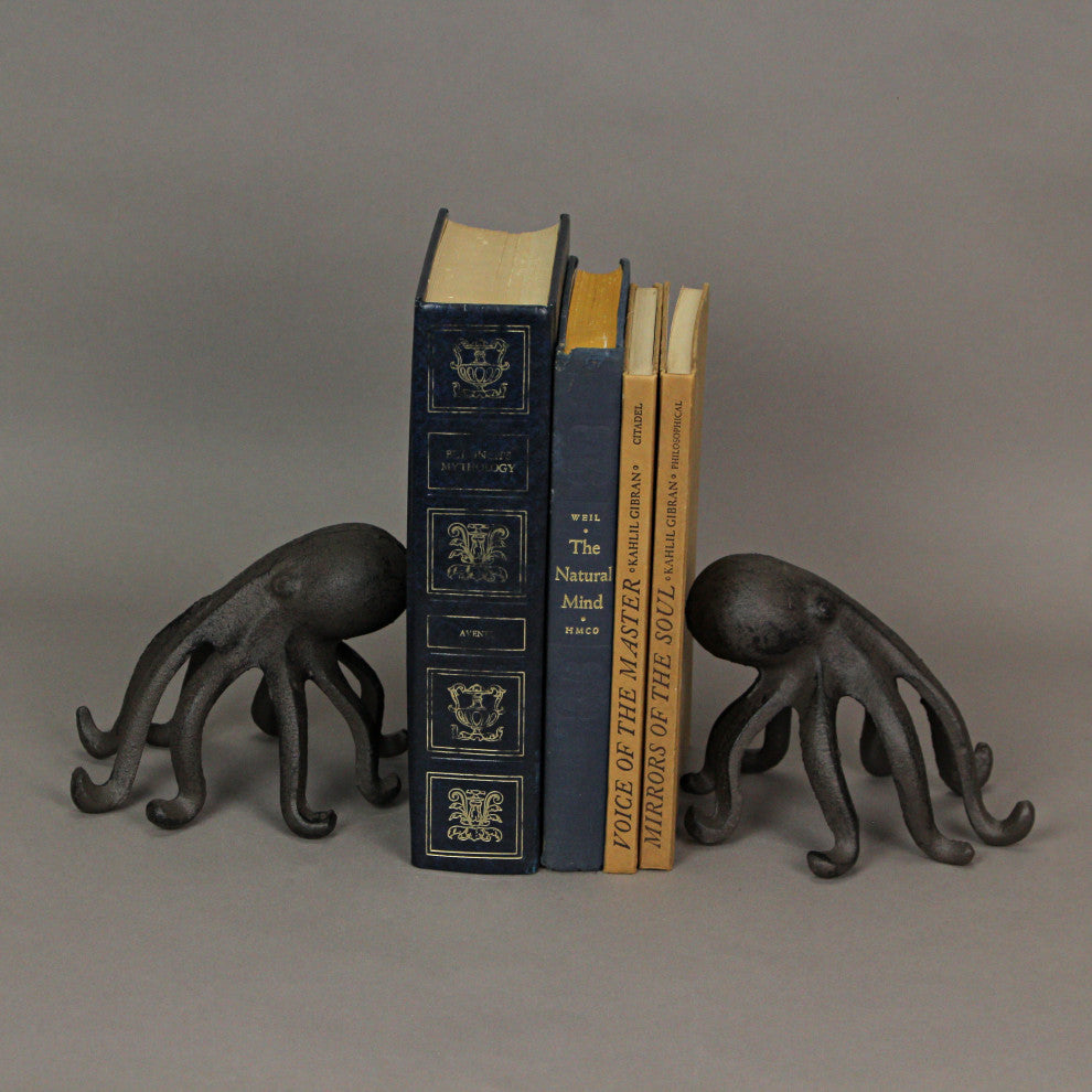 Set of 2 Cast Iron Octopus Bookends - Nautical Decor - Shelf Sculptures