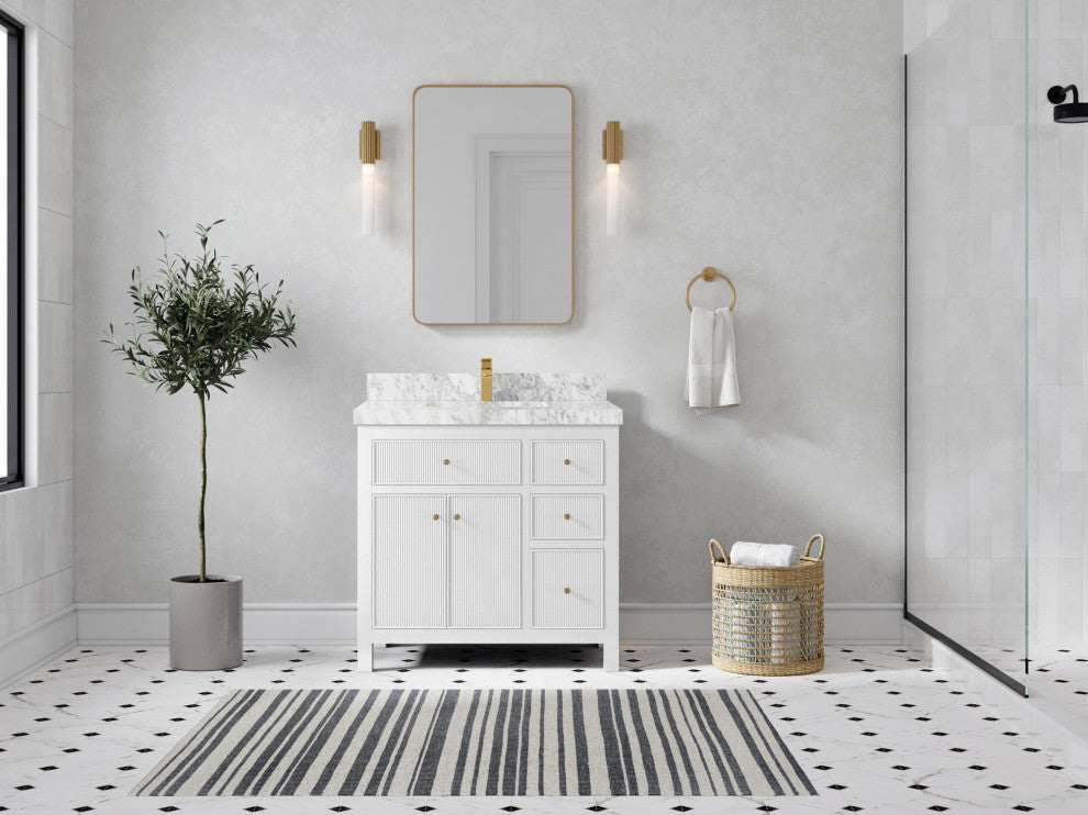 Sonoma 36 Center Sink Reeded Bath Vanity in White 2" Carrara Marble