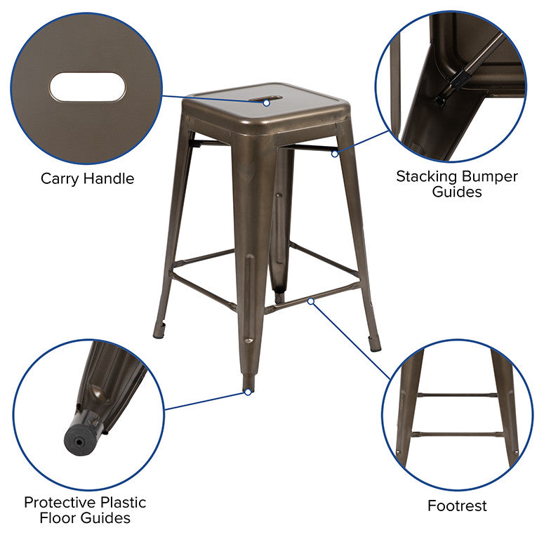 24" High Metal Indoor Bar Stool, Gun Metal Gray, Stackable Set of 4