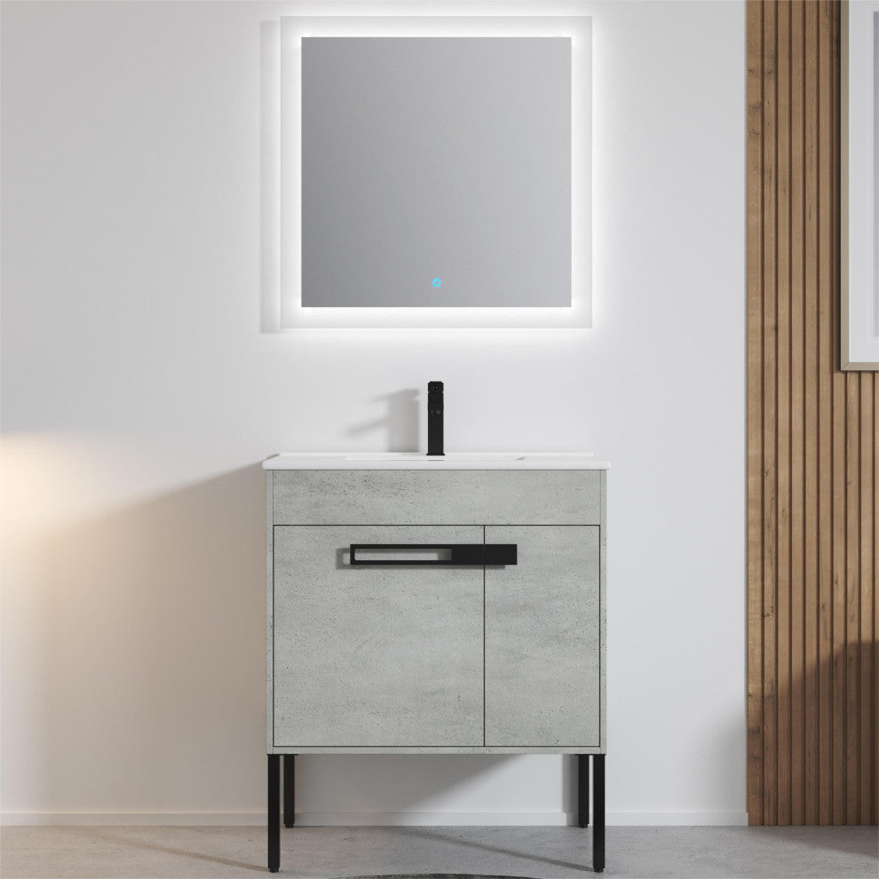 Freestanding/Floating Bathroom Vanity With white Ceramics Top, Grey, 30"