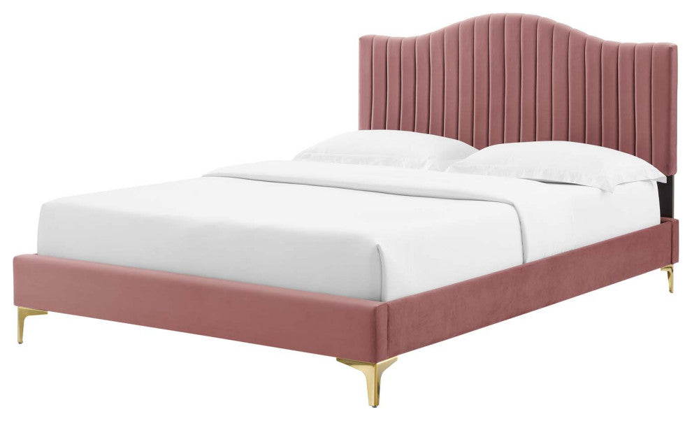 Tufted Platform Bed Frame, Queen Size, Velvet, Pink, Modern Contemporary