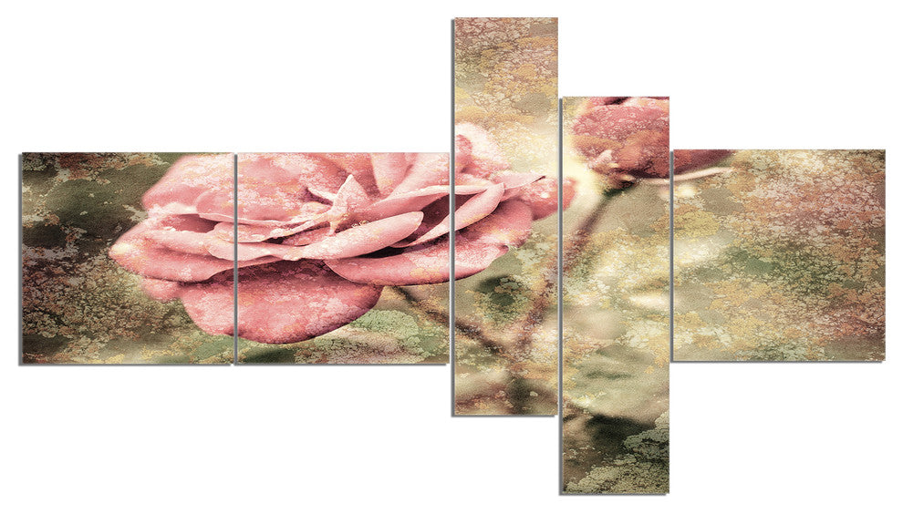 Vintage Pink Roses with Water Drops, Floral Art Canvas Print, 60"x32", 5 panels