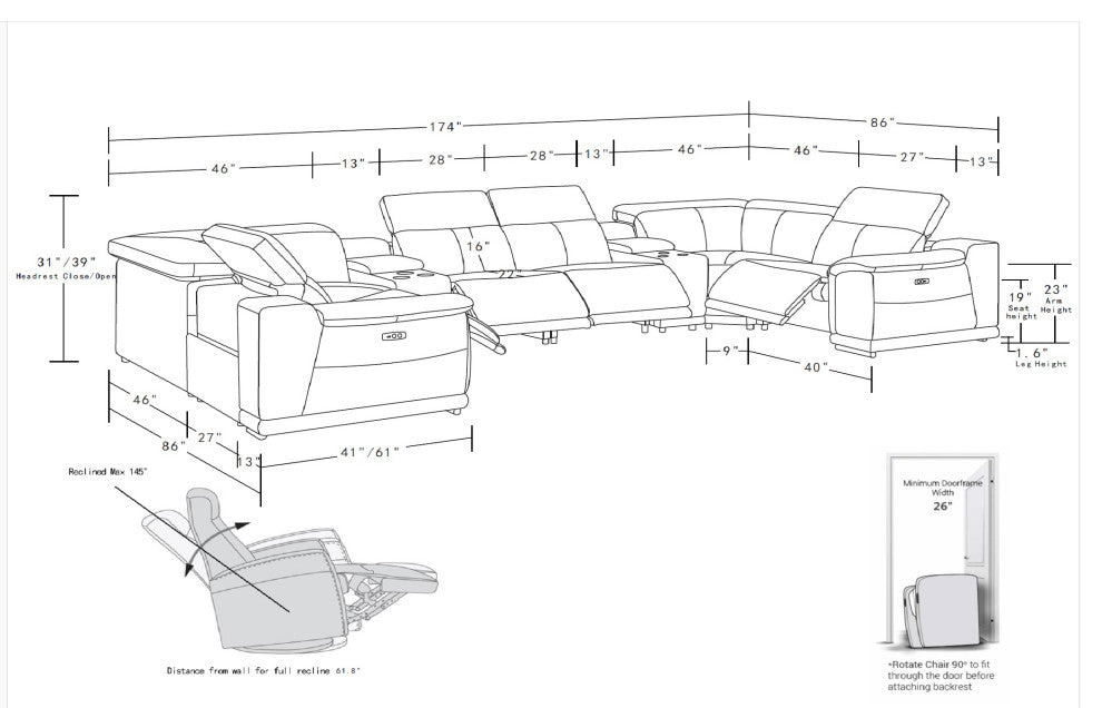 Federico 8-Piece Italian Leather U-NC Sectional, 4 Power Recliners, White