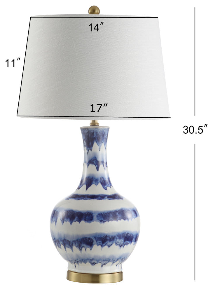 Tucker 30.5" Striped Ceramic and Metal LED Table Lamp, Blue, White