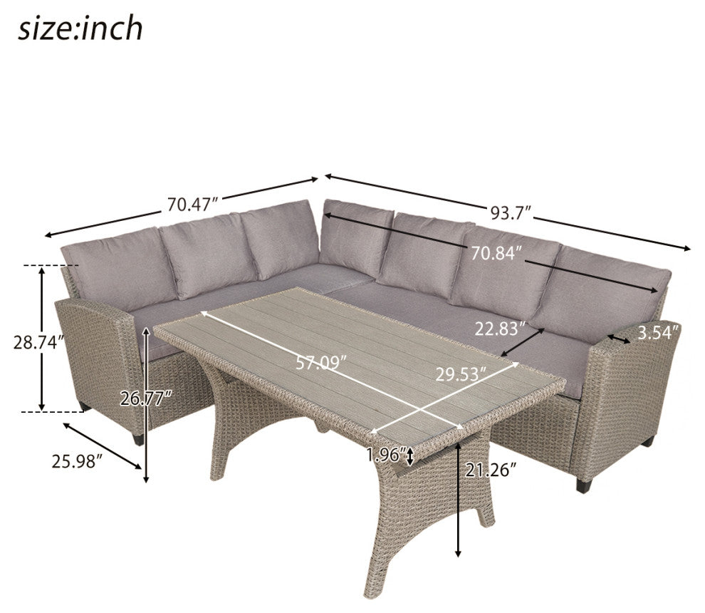 3 Pieces Outdoor Rattan Patio Sectional Sofa Set With Cushions and Table