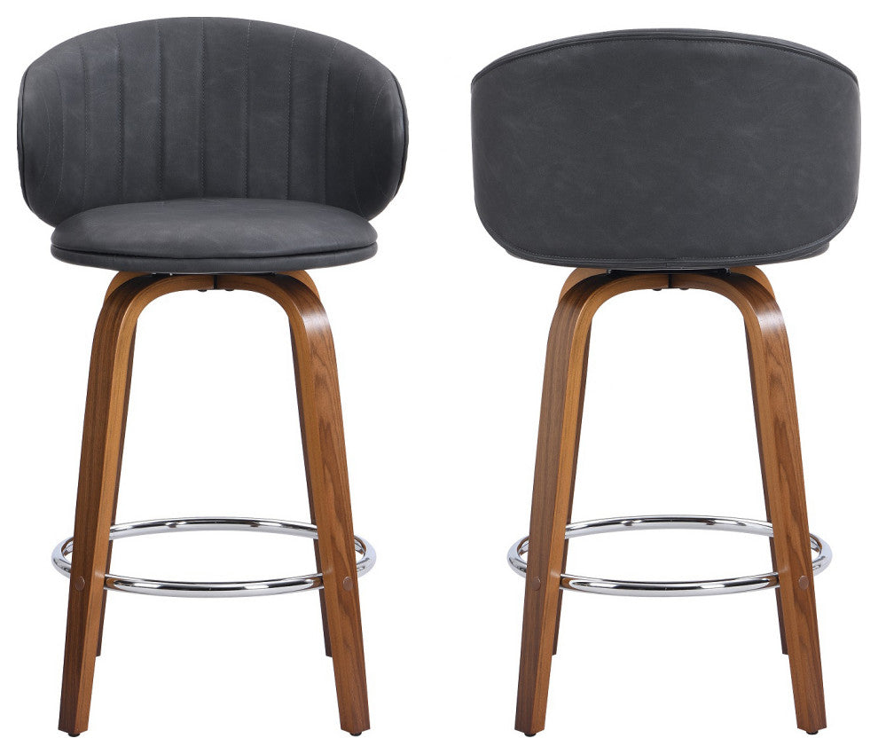 Swivel Counter Stool, Wood Bar stools, Pu Leather, Set of 2, Mid-Century Modern, Gray, 26''