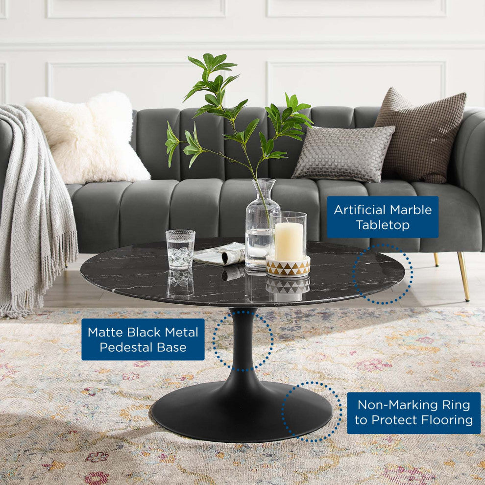 Lippa 36" Round Artificial Marble Coffee Table, Black Black