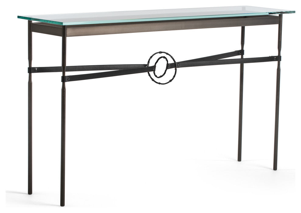 Equus Console Table, Dark Smoke Finish - Black Accents - Black Leather Strap