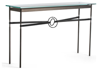 Equus Console Table, Dark Smoke Finish - Black Accents - Black Leather Strap