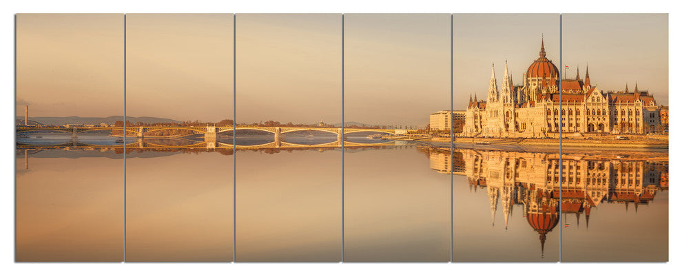 Hungarian Parliament Panorama, Cityscape Canvas Art Print, 70"x28", 6 Panels