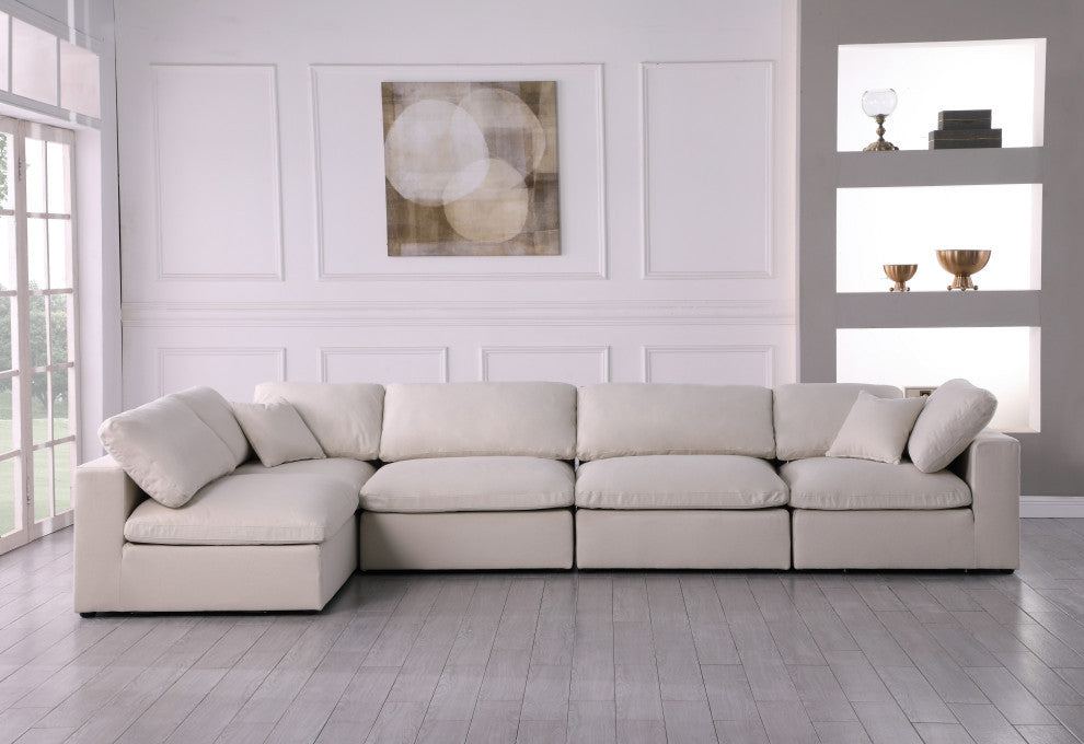 Plush Velvet / Down Standard Comfort L-Shaped Modular Sectional, Cream, 5-Piece: 3 Armless Chair, 2 Corner Chair