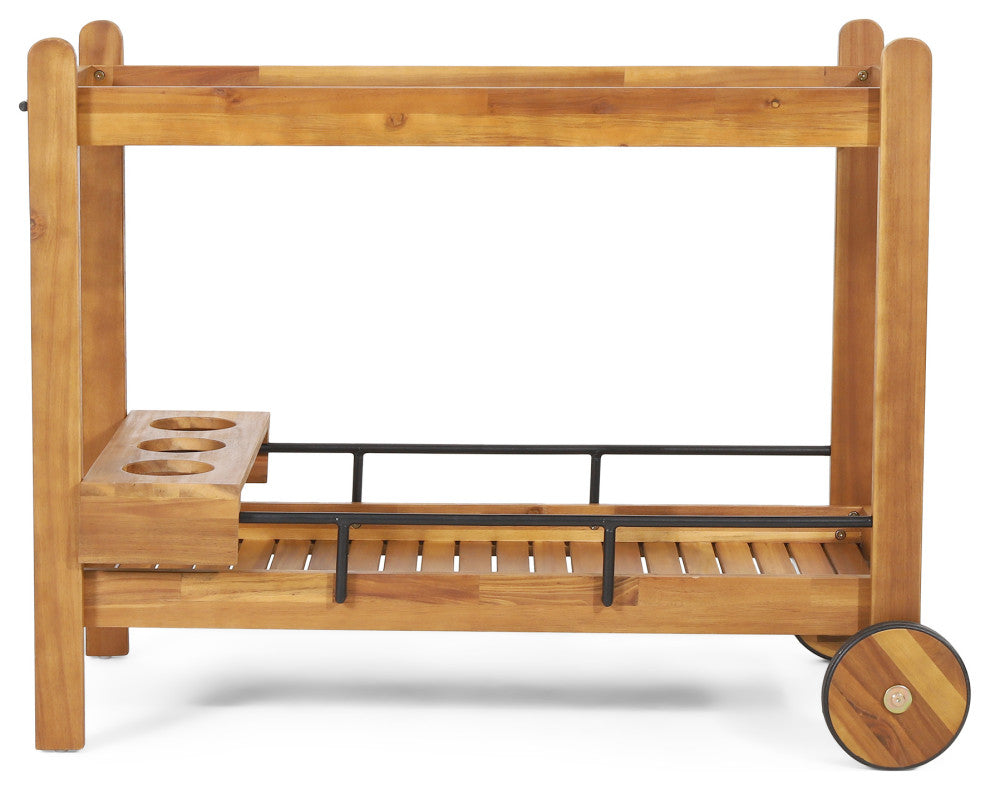 Bonneau Outdoor Acacia Wood 2 Tiered Bar Cart With Bottle Holders