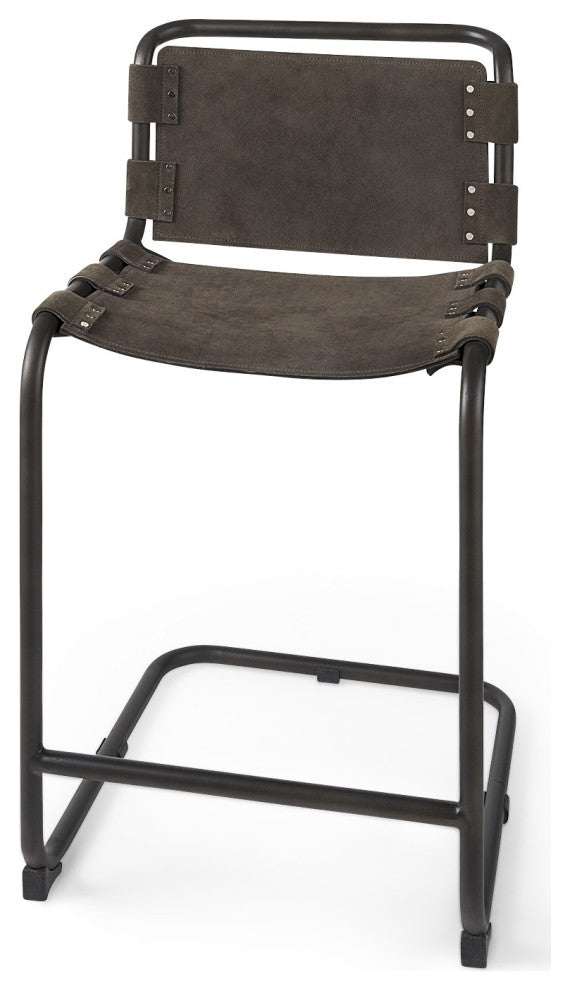 Dark Brown Leather Iron Framed Counter Stool