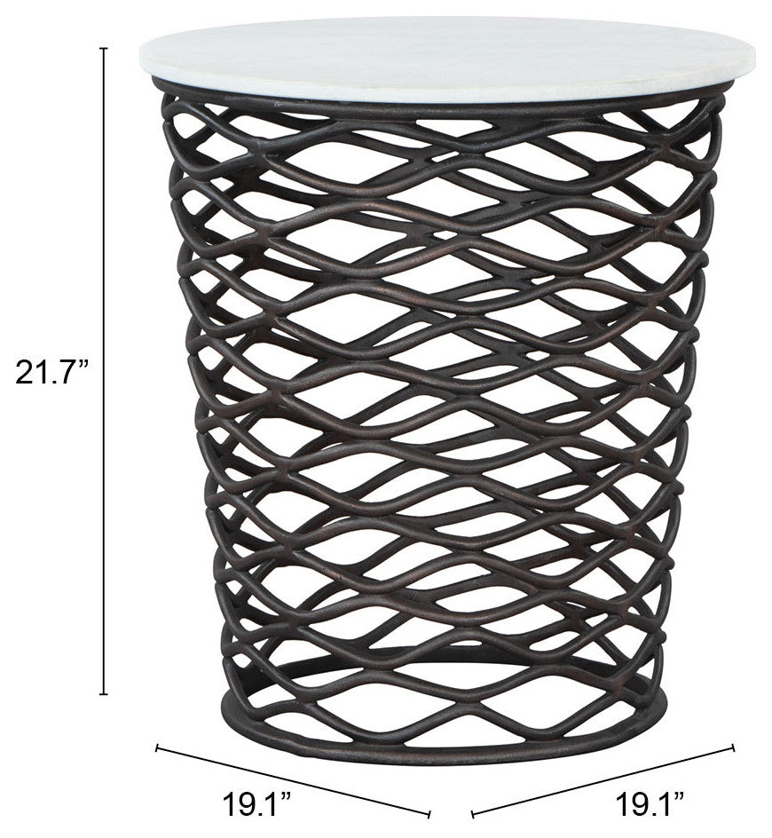 Sofa Side Table, Round, Artificial Marble, Aluminum Metal, White, Antique Black