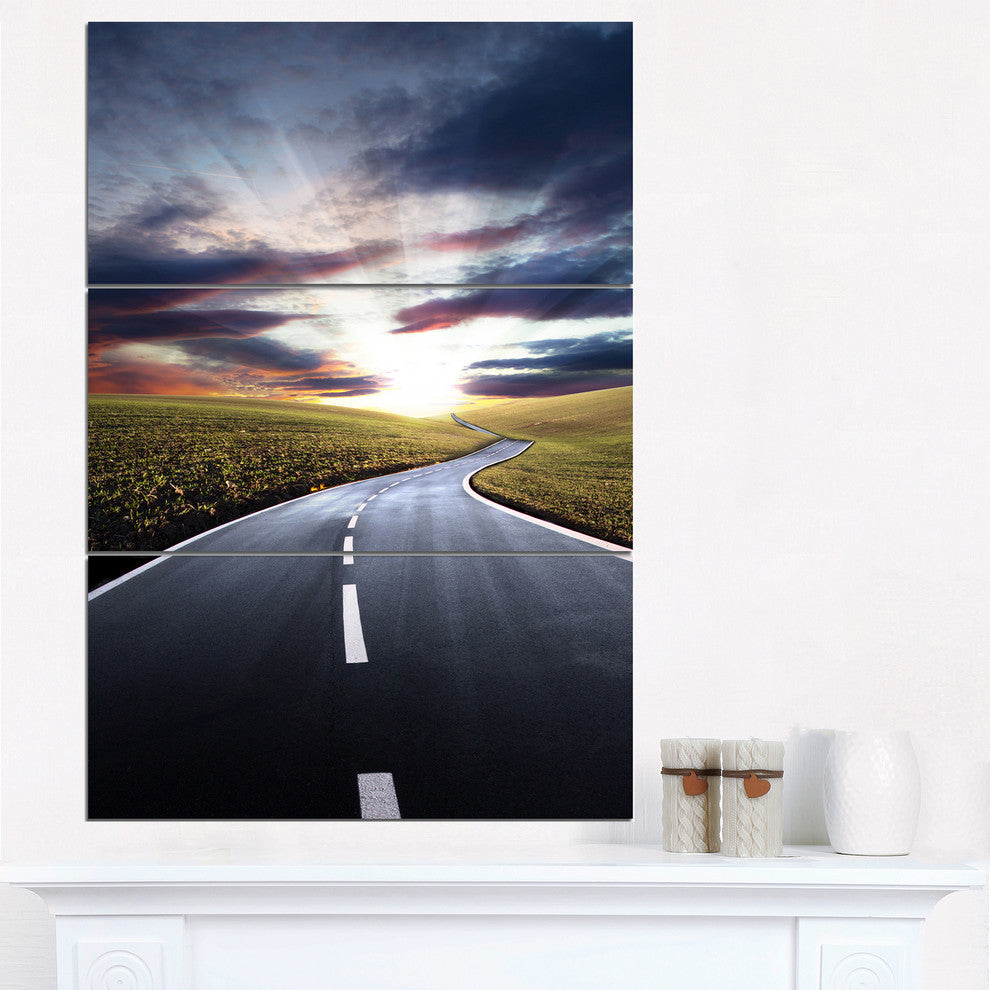 "Road to Hills Under Clouds" Photo Metal Wall Art, 3 Panels, 28"x36"