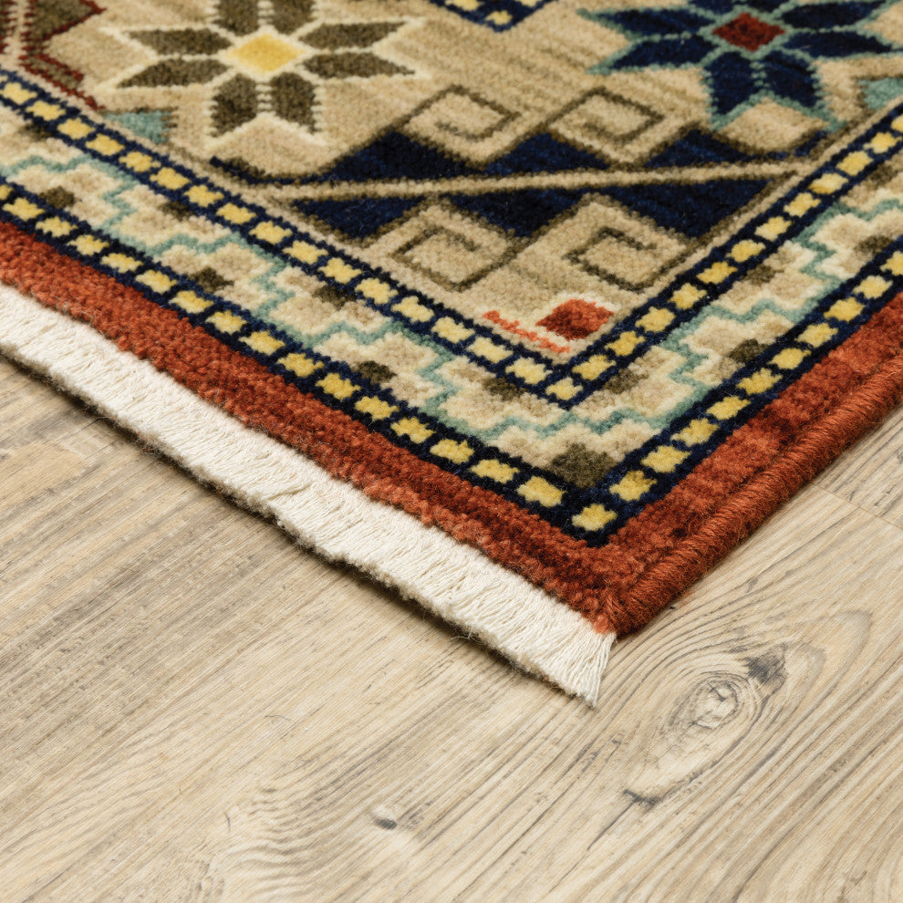 Lizbeth Medallion Border Red/Multi Wool Blend Fringed Area Rug, 3'3"X5'