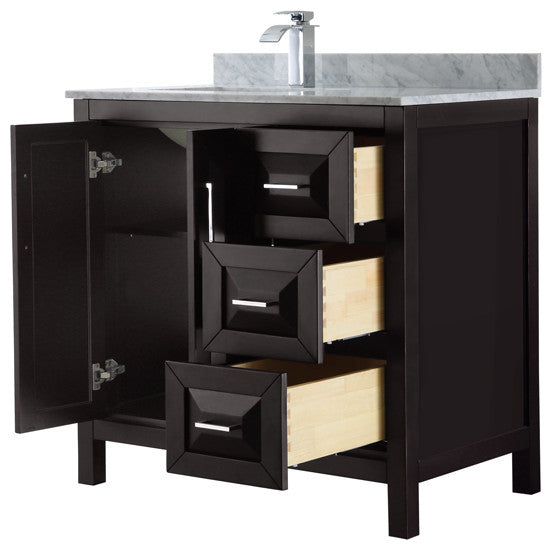 36" Single Vanity, Espresso, White Carrara Marble Top, Undermount Square Sink
