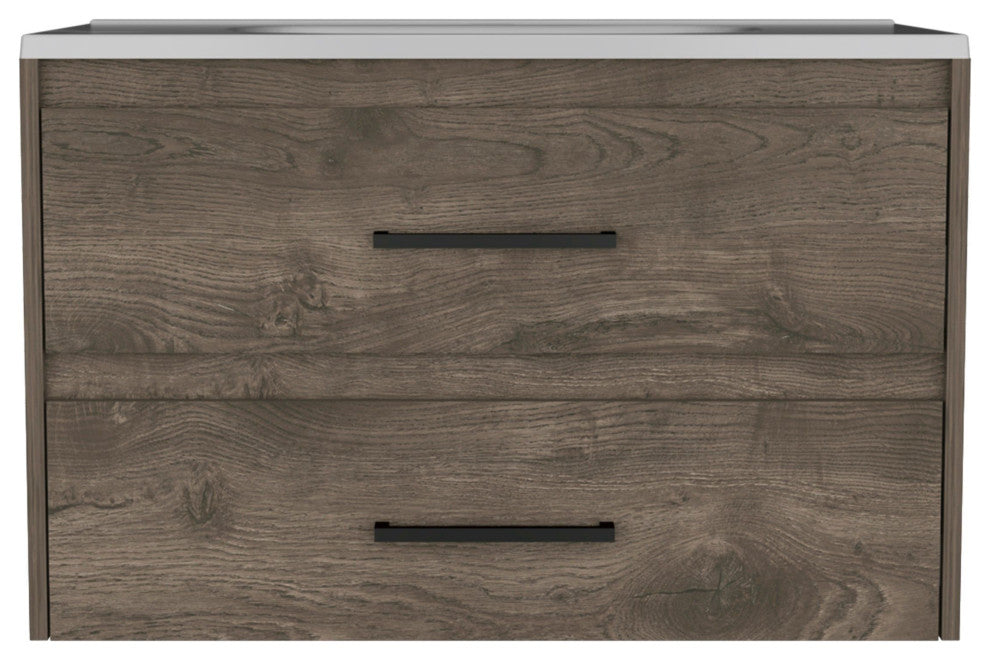 Maine Floating Vanity Bathroom with 2 Drawers and Handles, Dark Brown/White