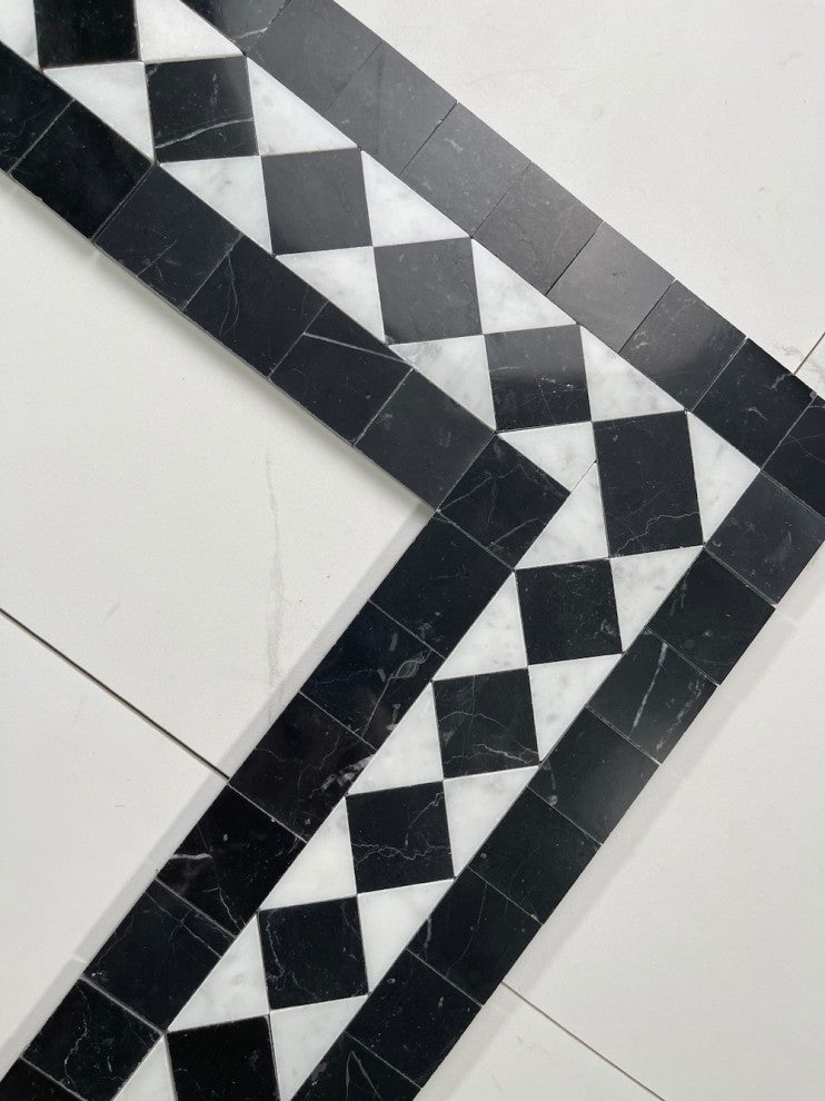 White Carrara Marble Classic Diamond Mosaic Border Listello Tile, 1 sheet