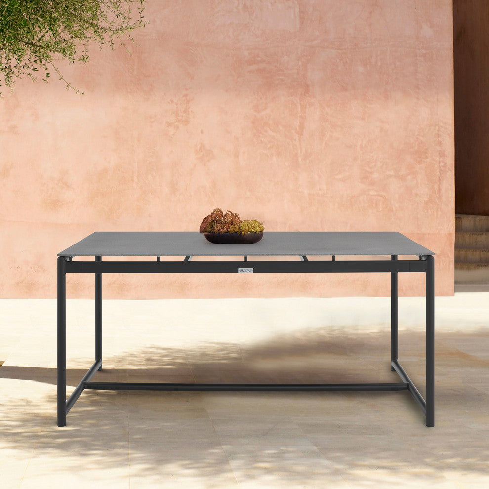Crown Black Aluminum and Teak Outdoor Dining Table With Stone Top