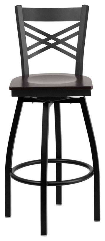 Dyersburg 30" Metal Barstool Black X-Style Back Swivel, Walnut Wood Seat