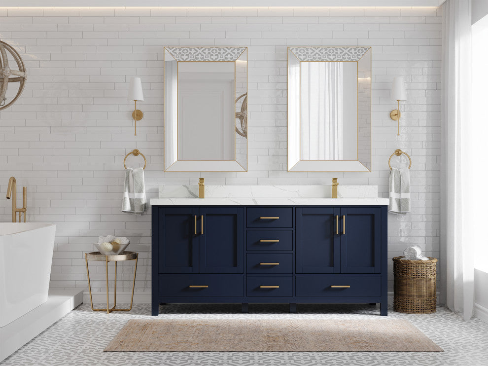 Willow Collections Malibu Vanity, Navy Blue, Calacatta Quartz, 72"