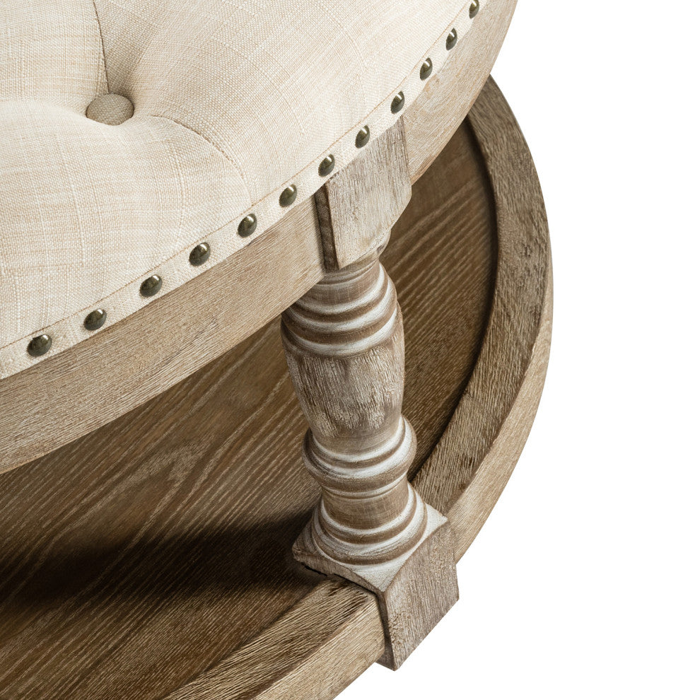 36" Wide Tufted Round Cocktail Ottoman With Storage, Linen