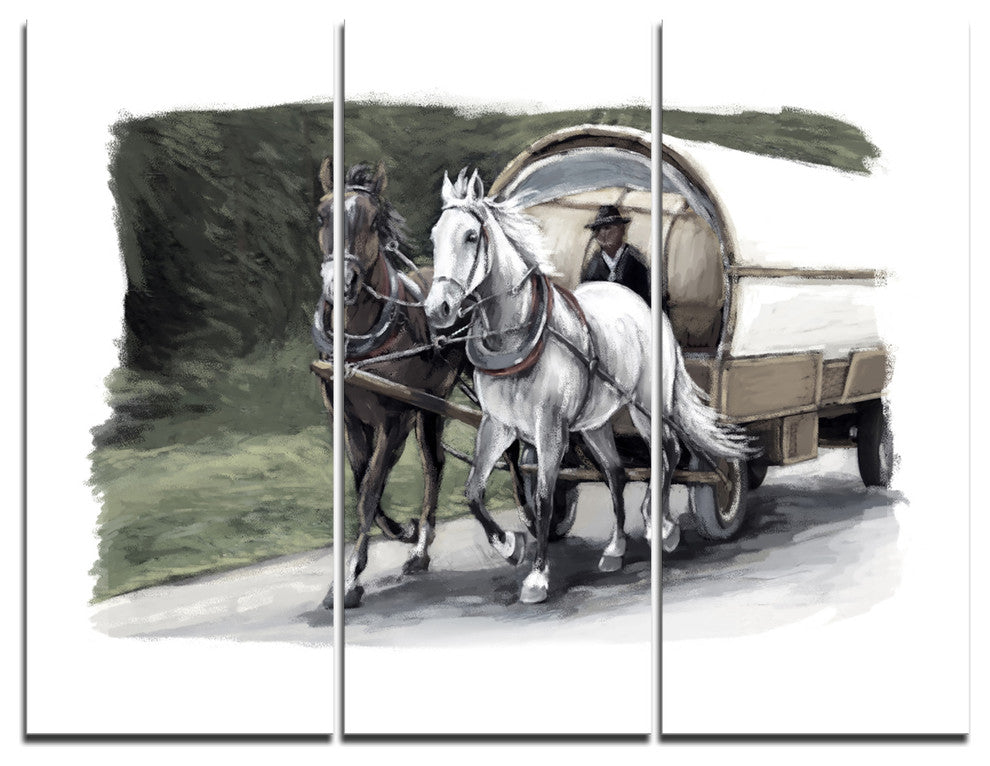 "Horse Cart Black and White" Painting Canvas Art, 3 Panels, 36"x28"
