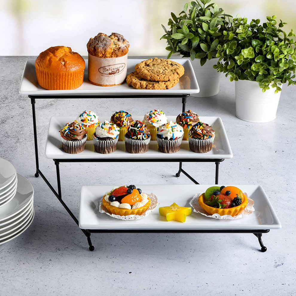Gracious Dining Dinnerware, 3-Tier Rectangle Plate Set with Metal Stand, White