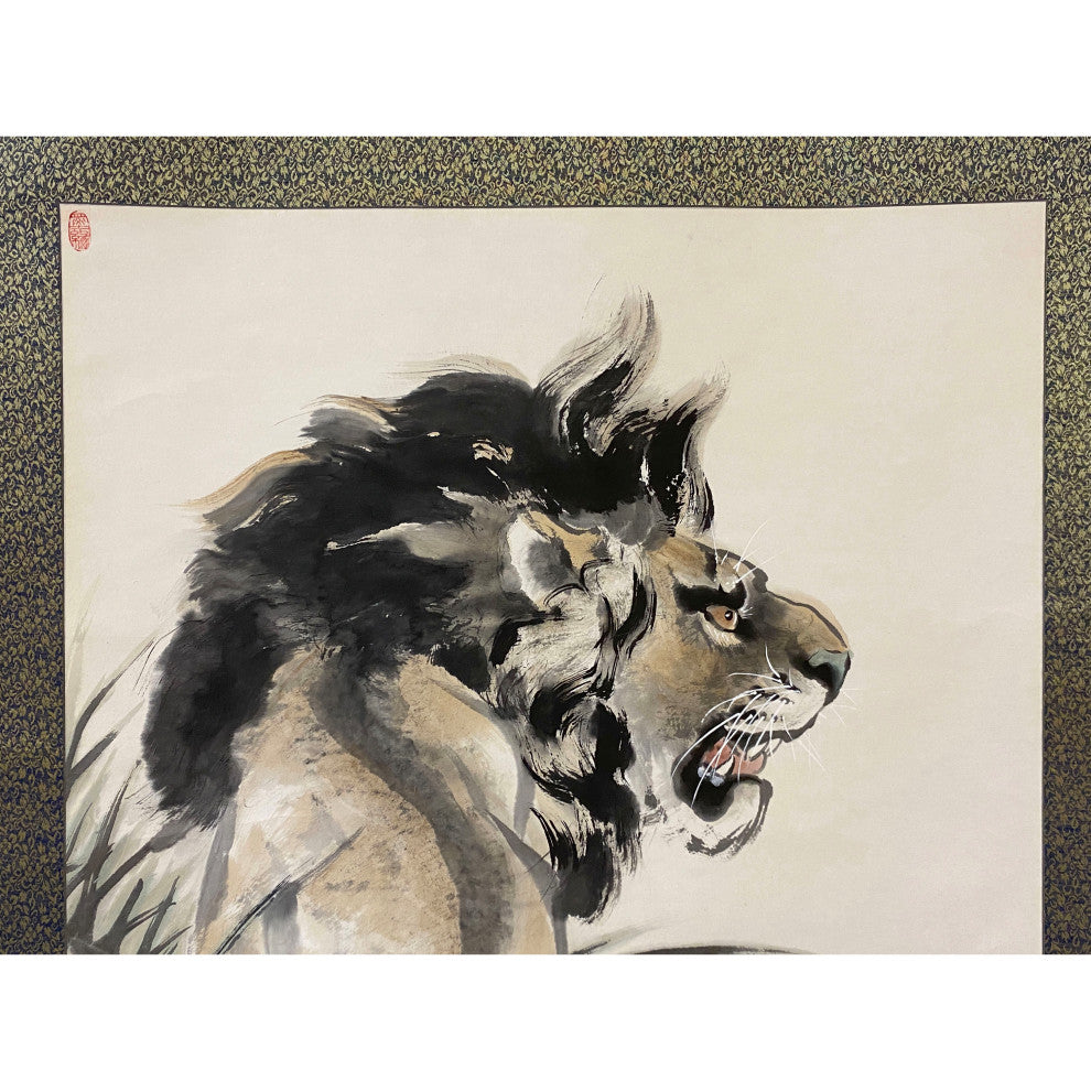 Chinese Black White Ink Lion Theme Scroll Painting Original Wall Art Hws1976