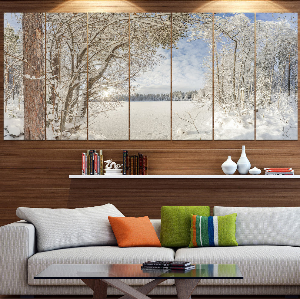 Lake in Winter Woods, Landscape Canvas Art Print, 83"x32", 7 Panels