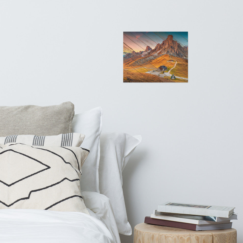 Faux Wood Majestic Sunset & Alpine Mountain Landscape Photo Wall Art Print, 11" X 14"