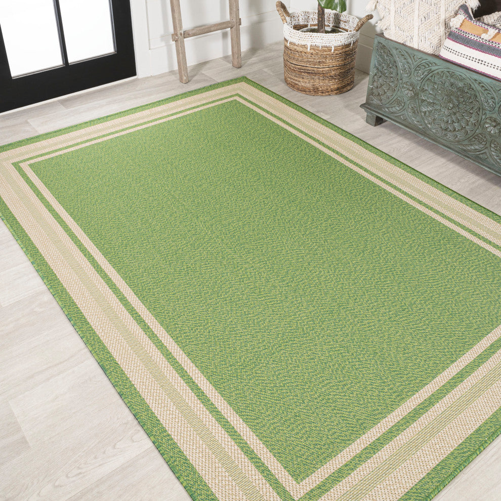 James Modern Border Stripe Indoor/Outdoor Area Rug, Green/Cream, 5x8