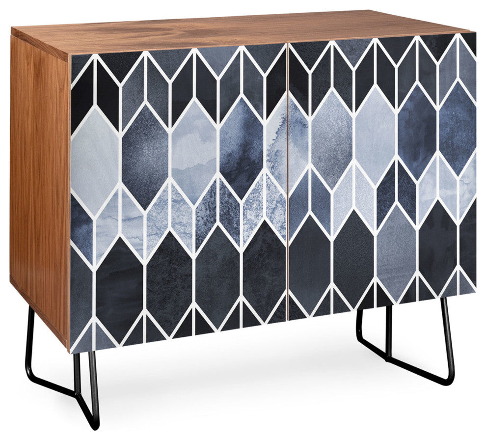 Deny Designs Blue Stained Glass Credenza, Walnut, Black Steel legs