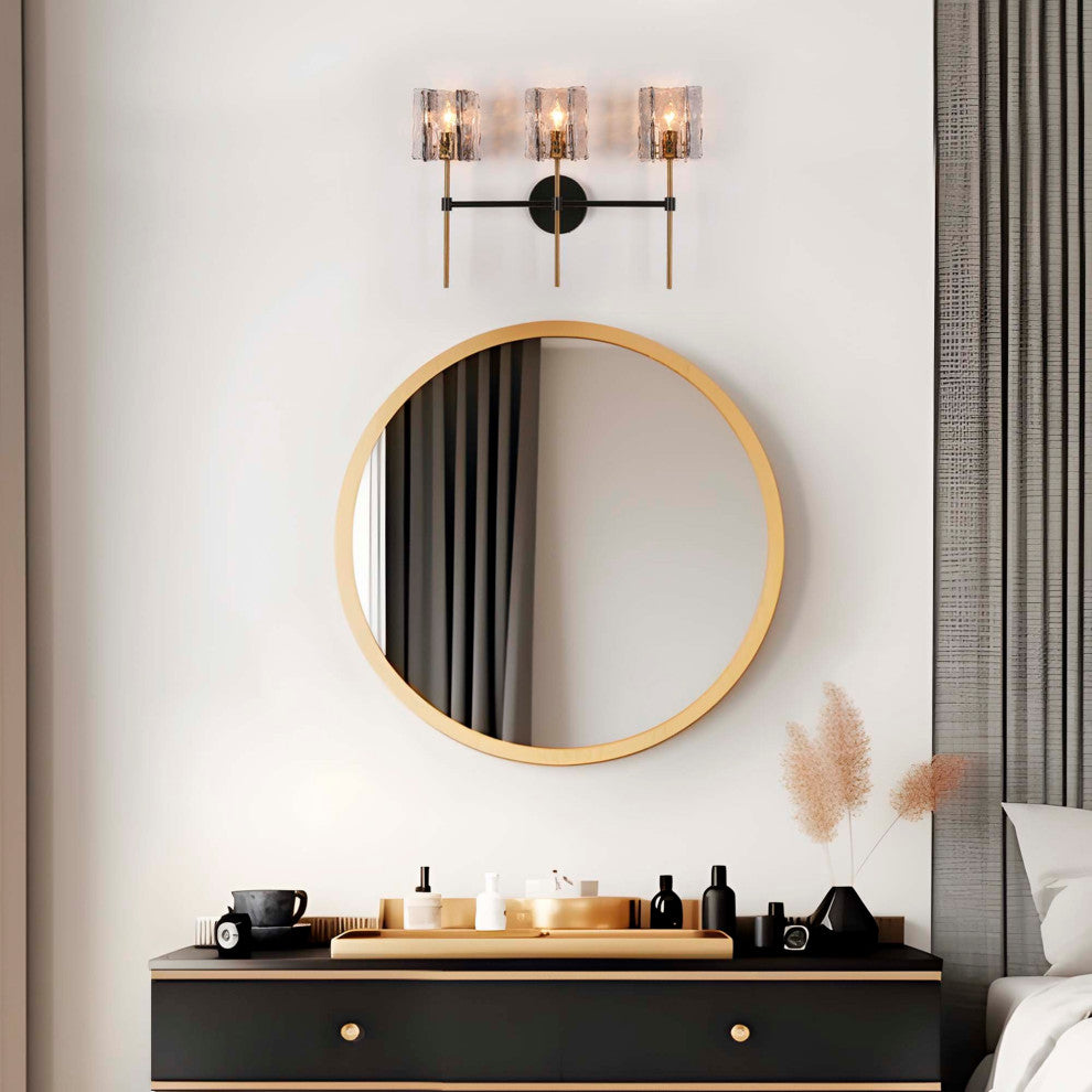 LNC Tucana Polished Gold and Matte Black Modern Wall Sconce, Textured Glass, 3 Lights
