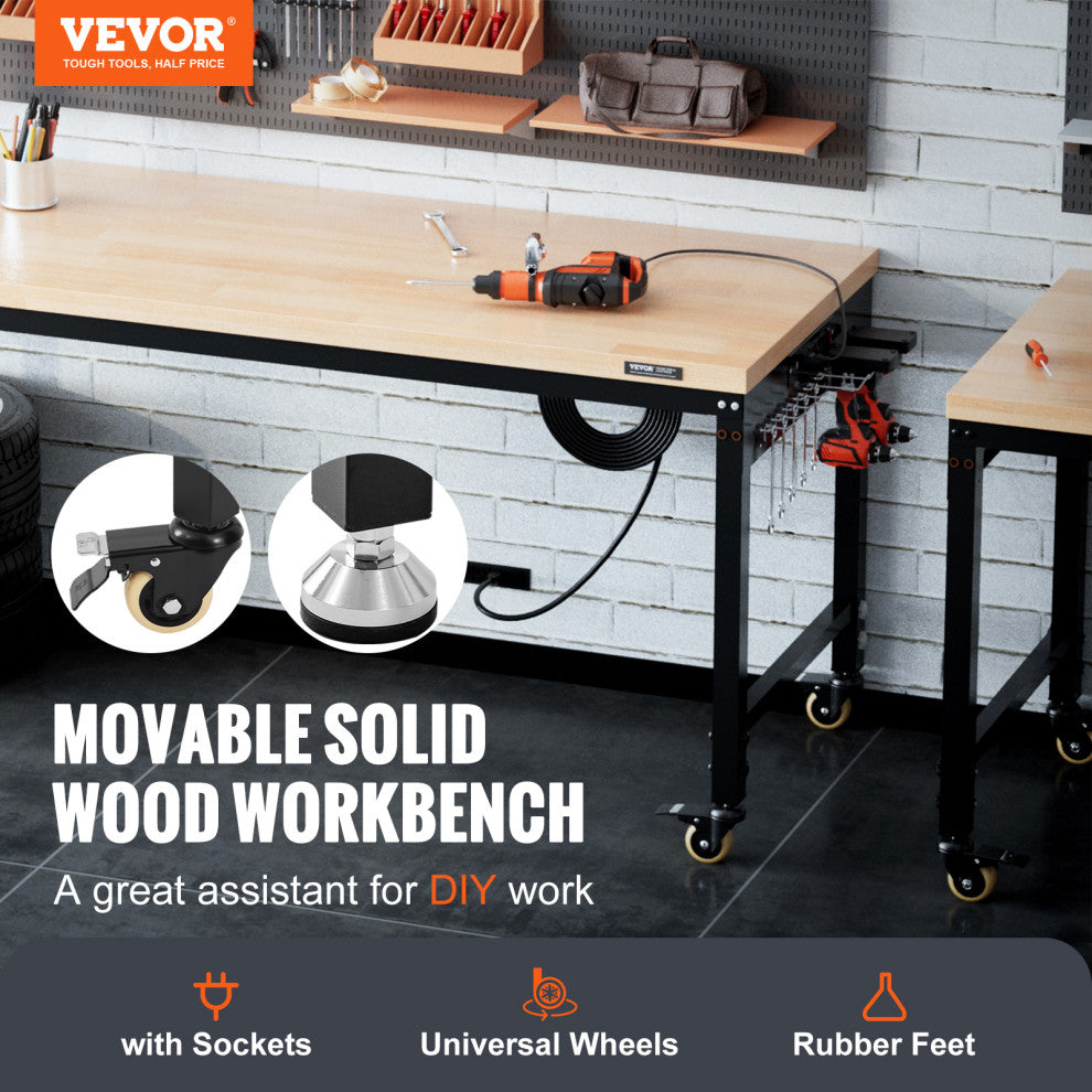 VEVOR Adjustable Height Workbench 48"L x 24"W Table With Power Outlets