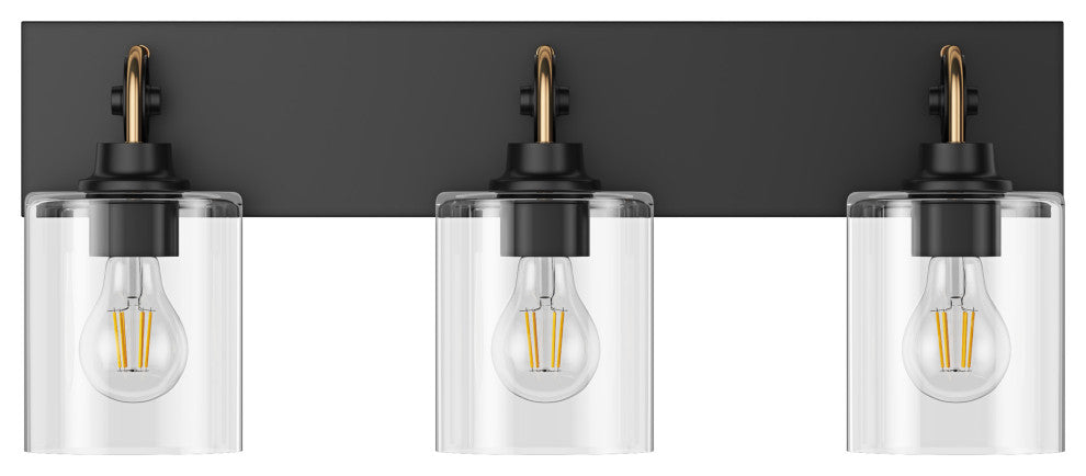 Matte Black 3-Light Cylinder Clear Glass Vanity Light for Bathroom