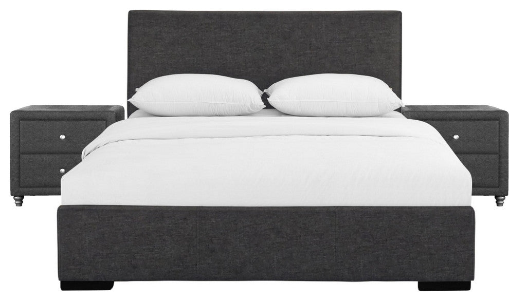 Grey Upholstered Platform King Bed With Two Nightstands