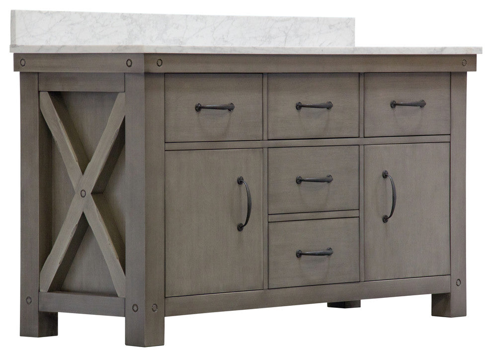 60" Grizzle Gray Double Sink Vanity With Carrara White Marble Counter Top, Mirro
