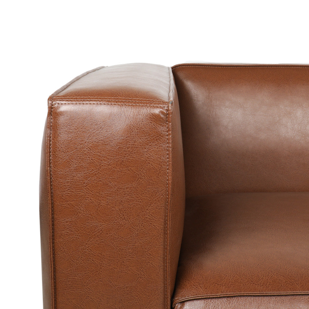 Minkler Contemporary Faux Leather 3 Seater Sofa With Chaise Lounge, Cognac/Dark Walnut