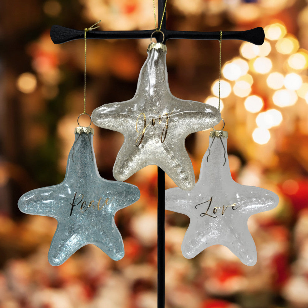 Coastal Clear Starfish Ornament Art Glass Gold Holiday 4 in Sparkly, Clear/Silver - Joy